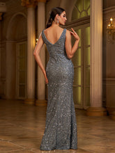 Grey Double V Split Sequin Prom Dress